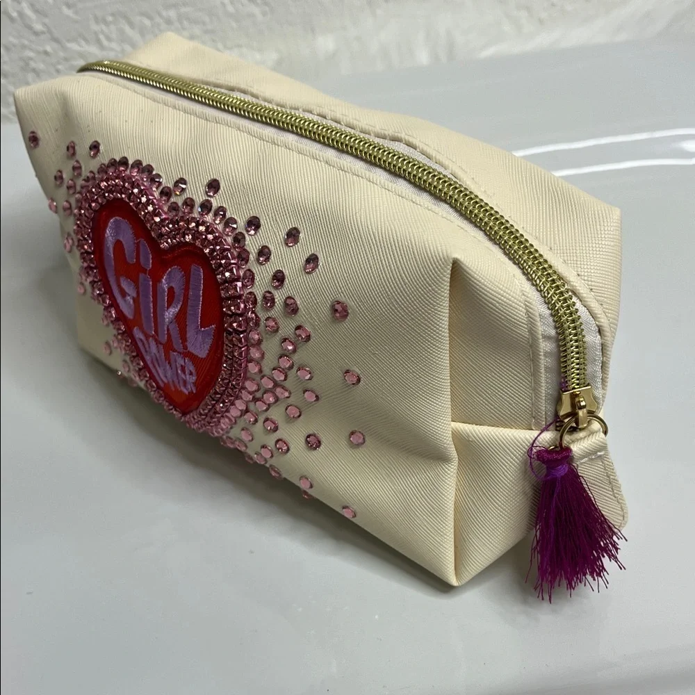 Cream Makeup Bag with Girl Power Crystal  Design